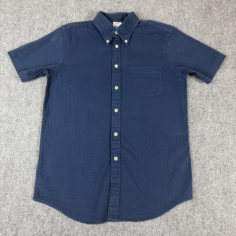 Brooks Brothers 1818 Regent Fit Navy Blue Seersucker Short Sleeve Shirt Mens S